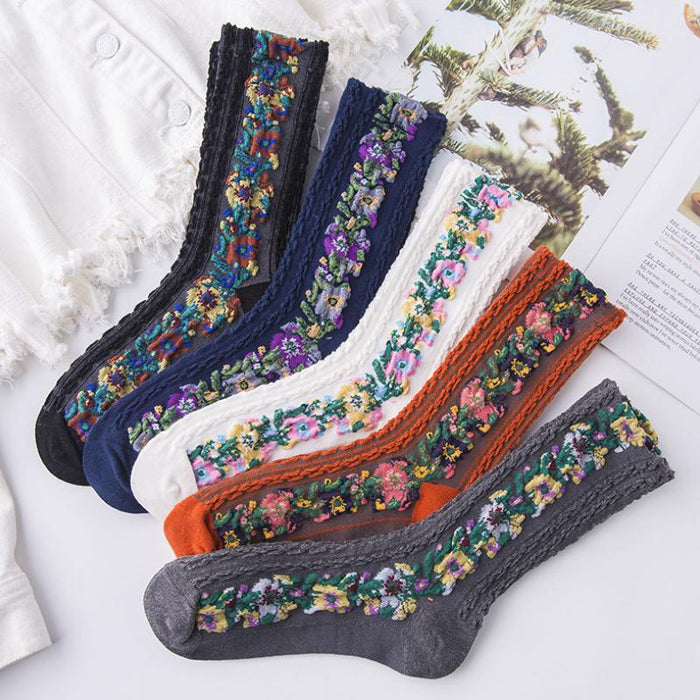 Retro High Socks™ | Unieke Geborduurde Bloemensokken